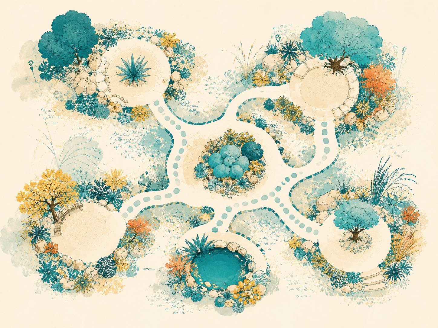 Hand-drawn watercolor map of the site: five clearings joined by paths