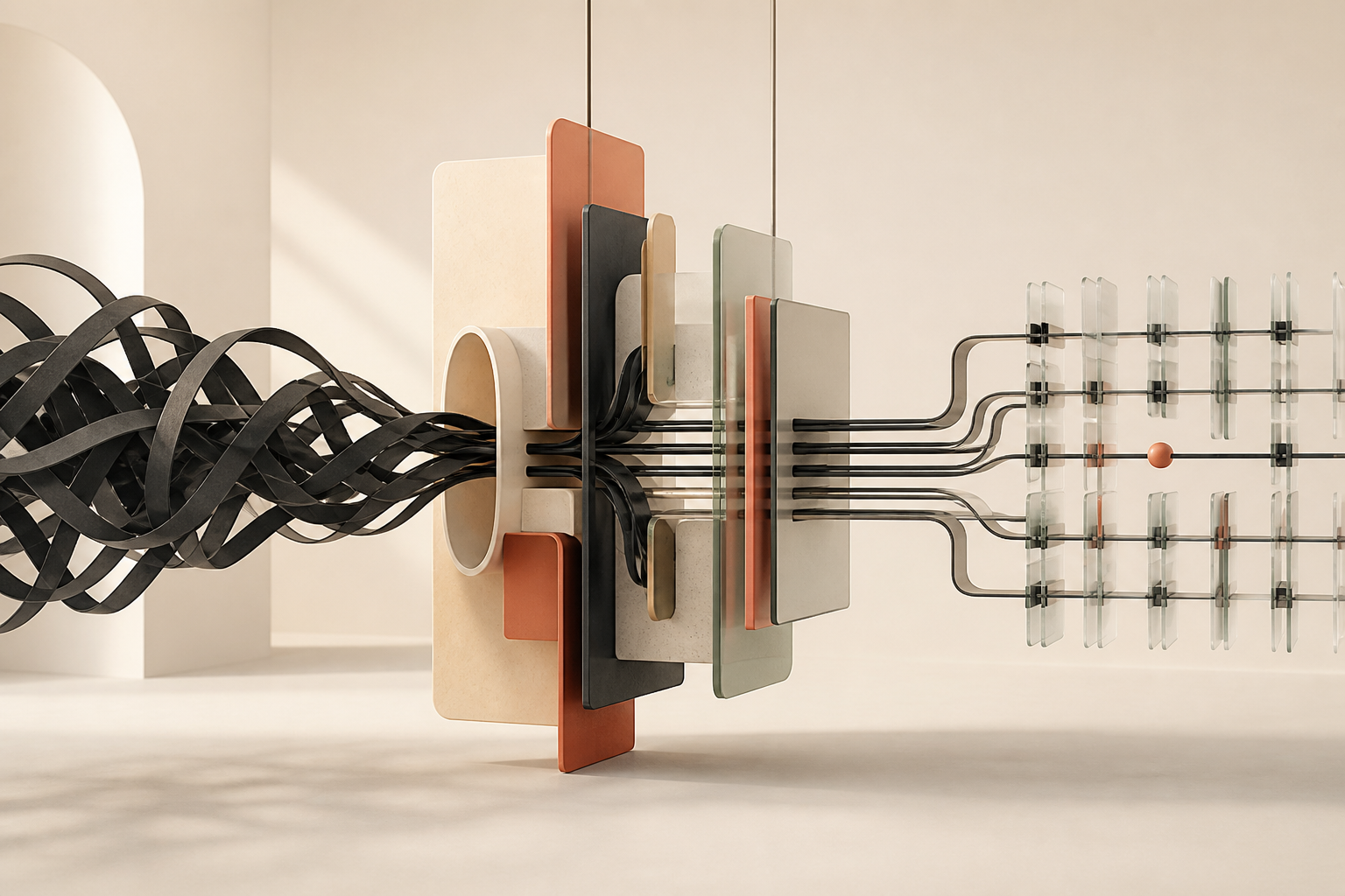 A tangled signal passing through layered filters and emerging as an ordered system.